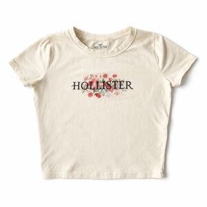 Hollister Floral Logo Tee Cream Graphic T-Shirt Size M Y2K Casual